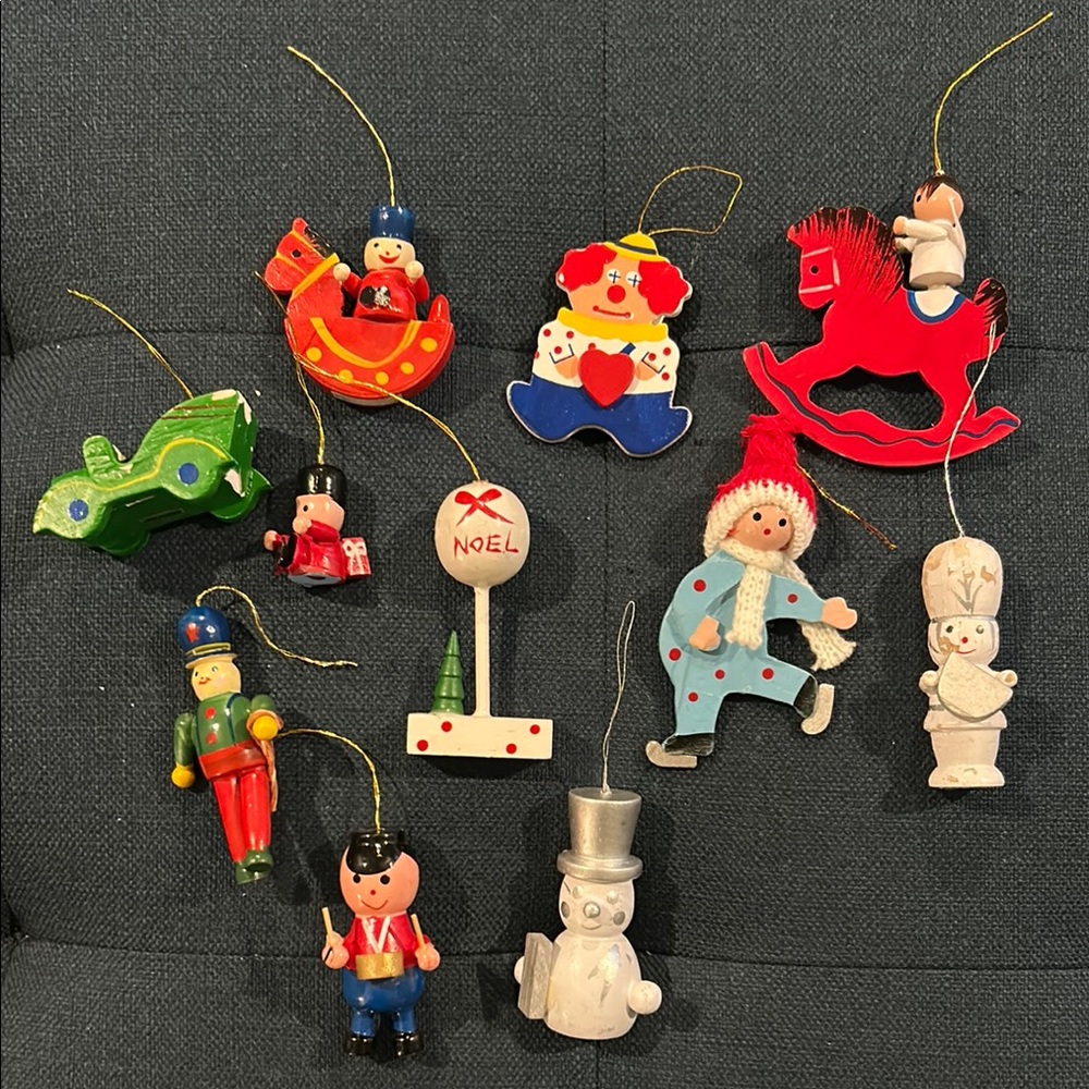 Colorful Vintage Wooden Christmas Ornaments, lot of 11